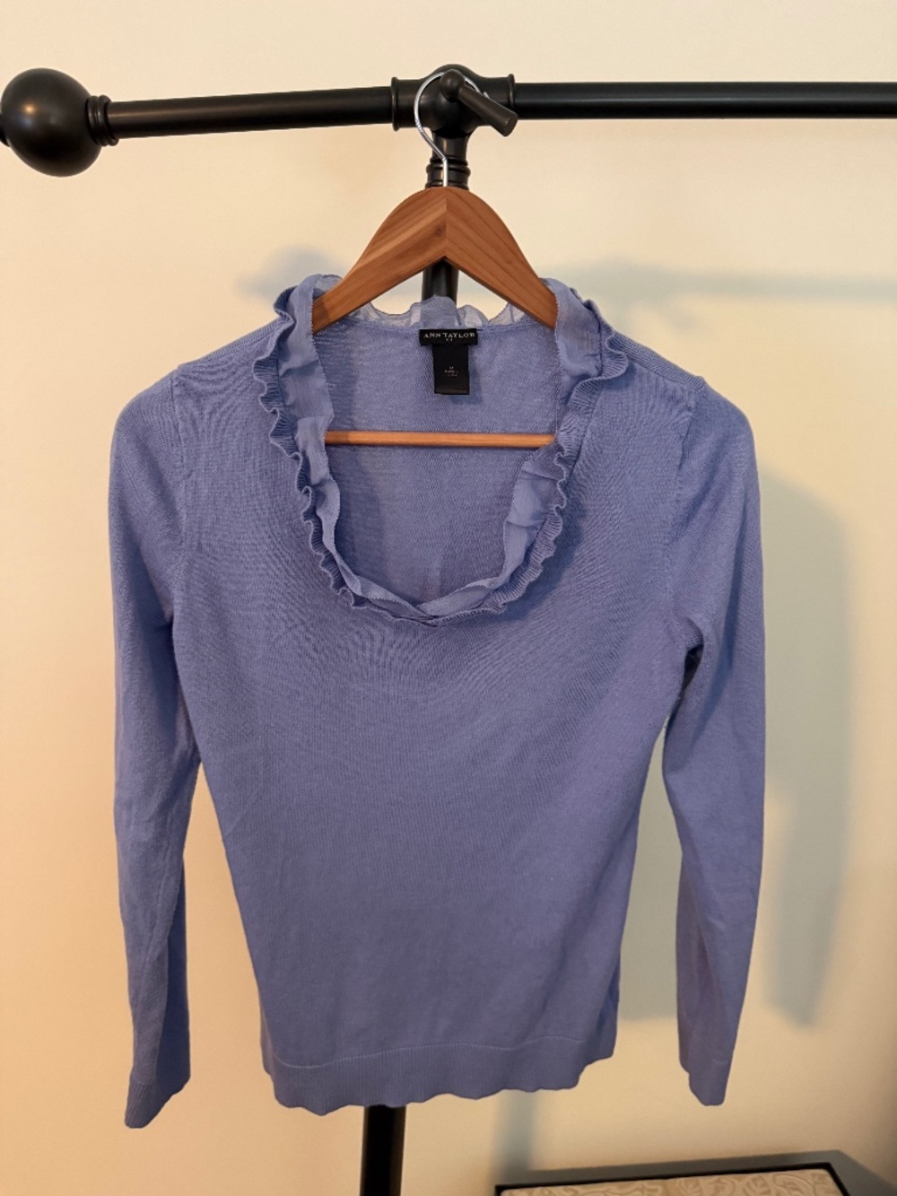 Ann Taylor Periwinkle Ruffle Trim Long Sleeve Knit Top